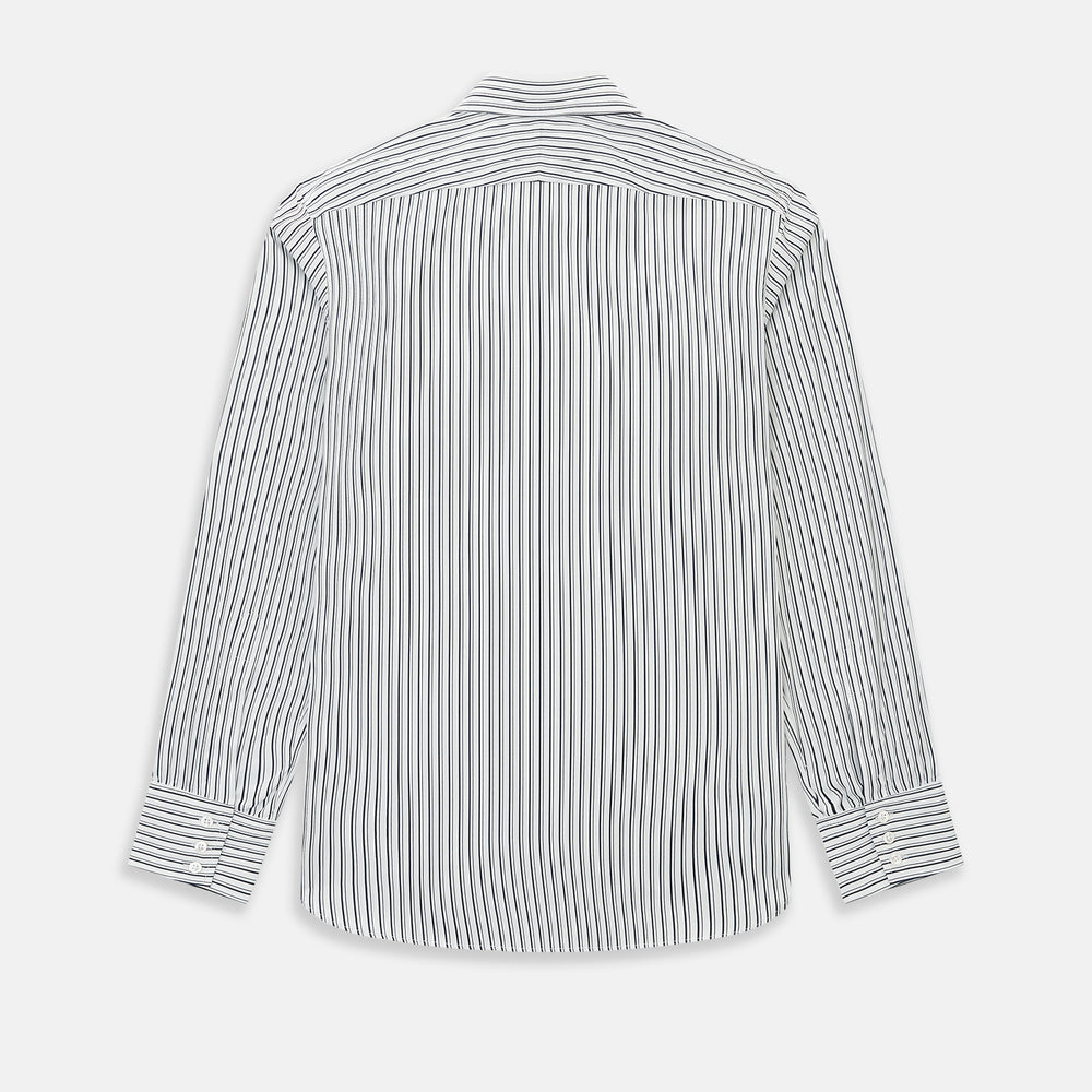 Turnbull & Asser UK Navy Stripe on White Westminster Shirt with a closed collar and button cuffs, laid flat on a white background.
