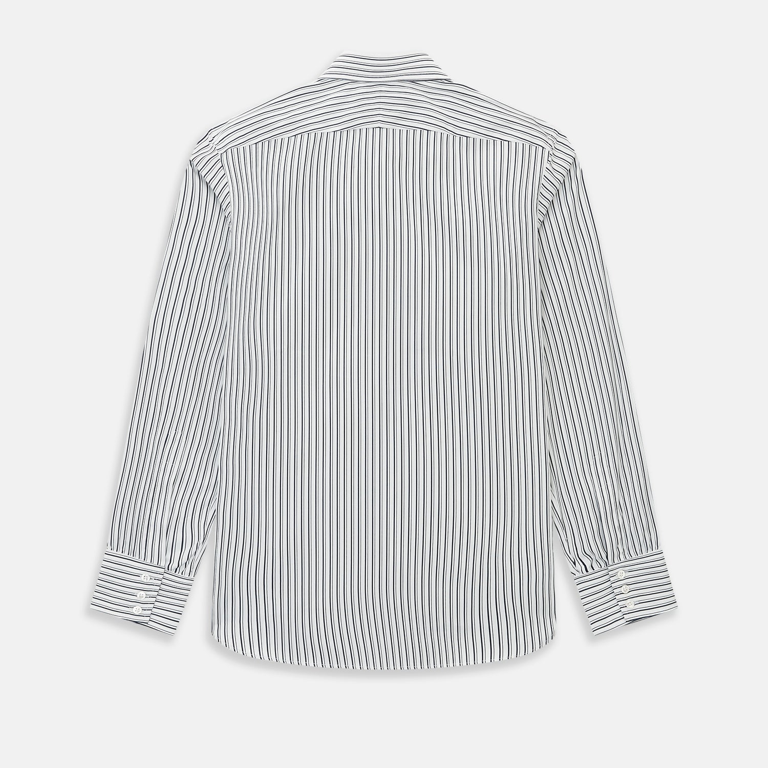 View 3 of product Turnbull & Asser UK Navy Stripe on White Westminster Shirt with a closed collar and button cuffs, laid flat on a white background.