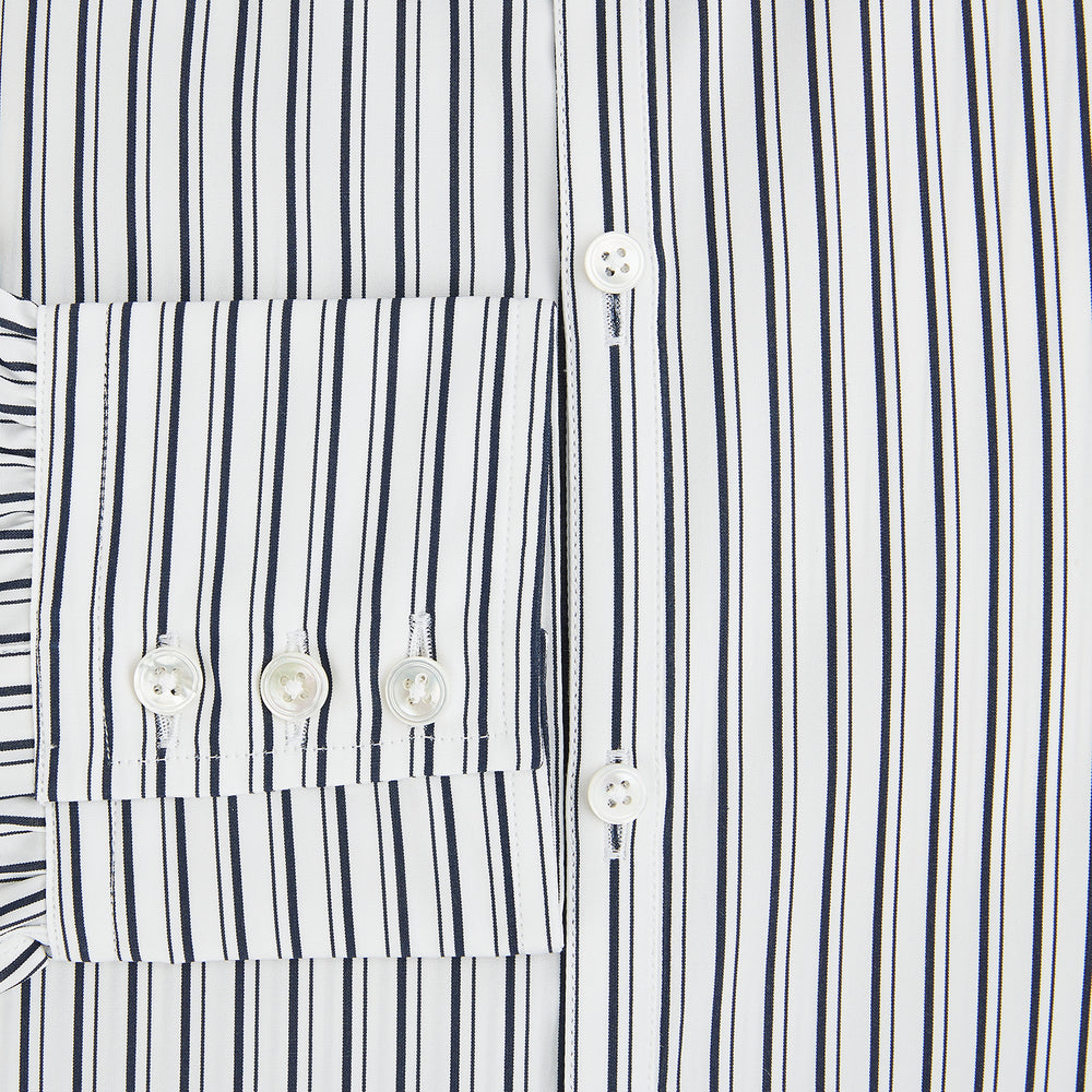 Turnbull & Asser UK Navy Stripe on White Westminster Shirt with a closed collar and button cuffs, laid flat on a white background.