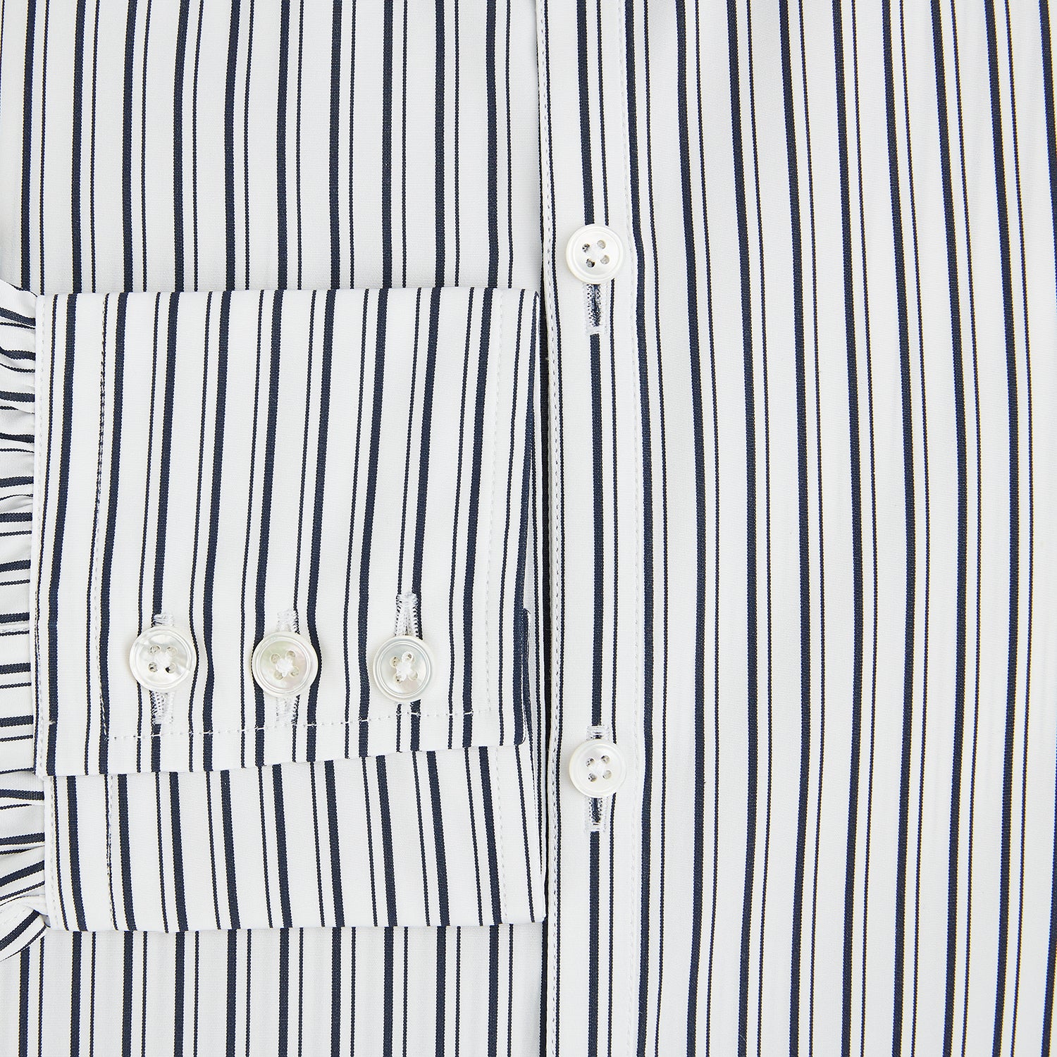 View 4 of product Turnbull & Asser UK Navy Stripe on White Westminster Shirt with a closed collar and button cuffs, laid flat on a white background.