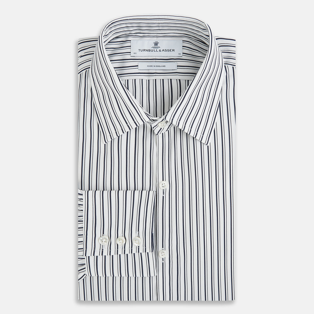 Turnbull & Asser UK Navy Stripe on White Westminster Shirt with a closed collar and button cuffs, laid flat on a white background.