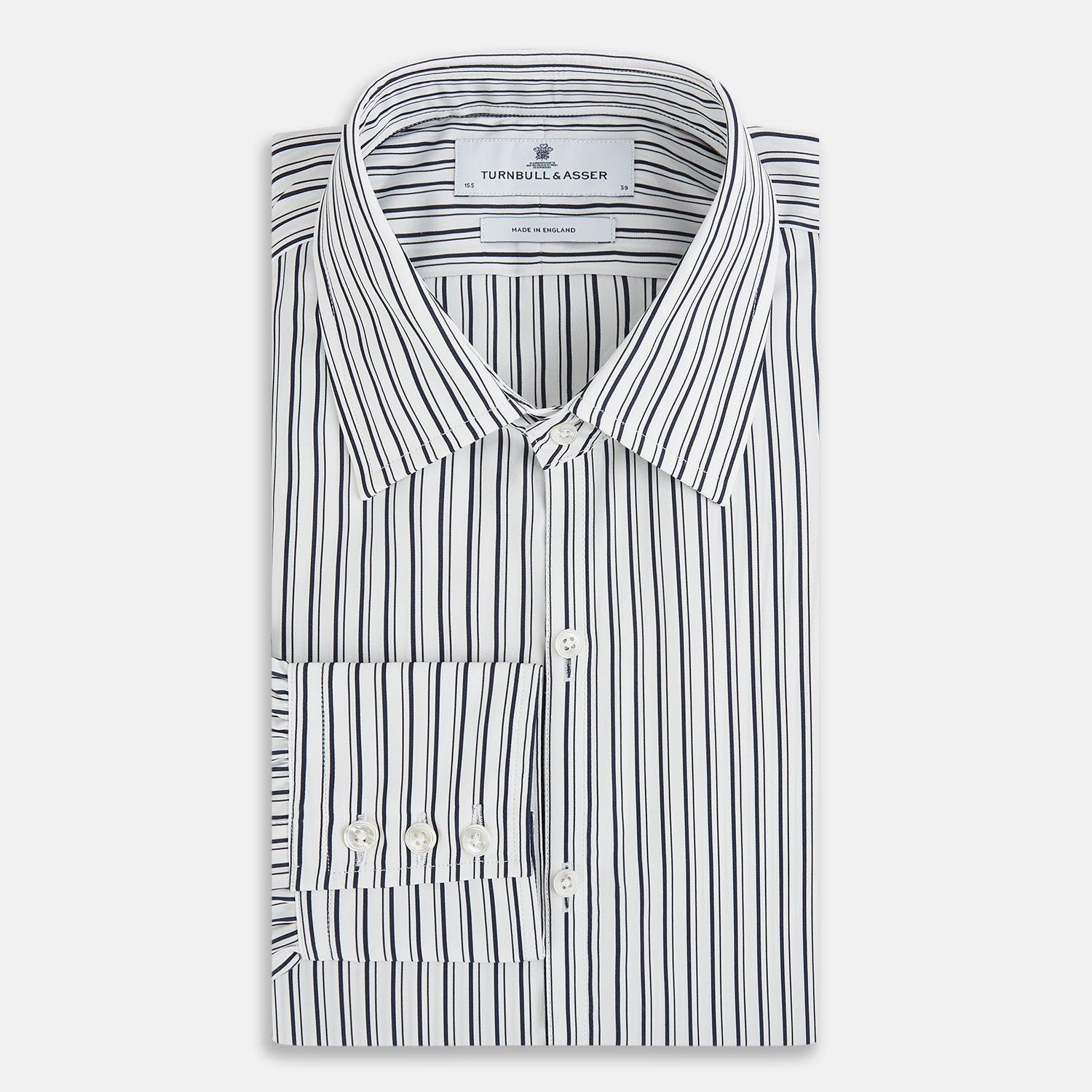 View 5 of product Turnbull & Asser UK Navy Stripe on White Westminster Shirt with a closed collar and button cuffs, laid flat on a white background.