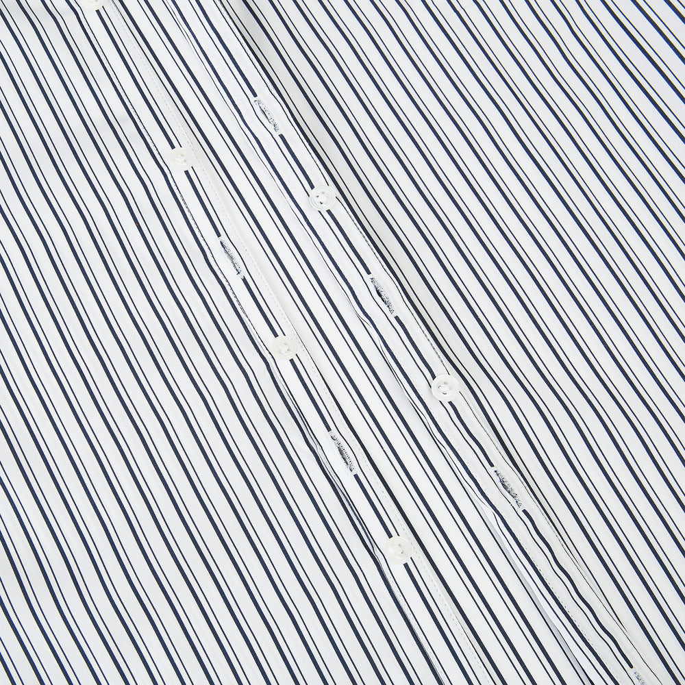 Turnbull & Asser UK Navy Stripe on White Westminster Shirt with a closed collar and button cuffs, laid flat on a white background.