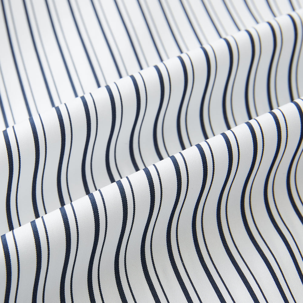 Turnbull & Asser UK Navy Stripe on White Westminster Shirt with a closed collar and button cuffs, laid flat on a white background.