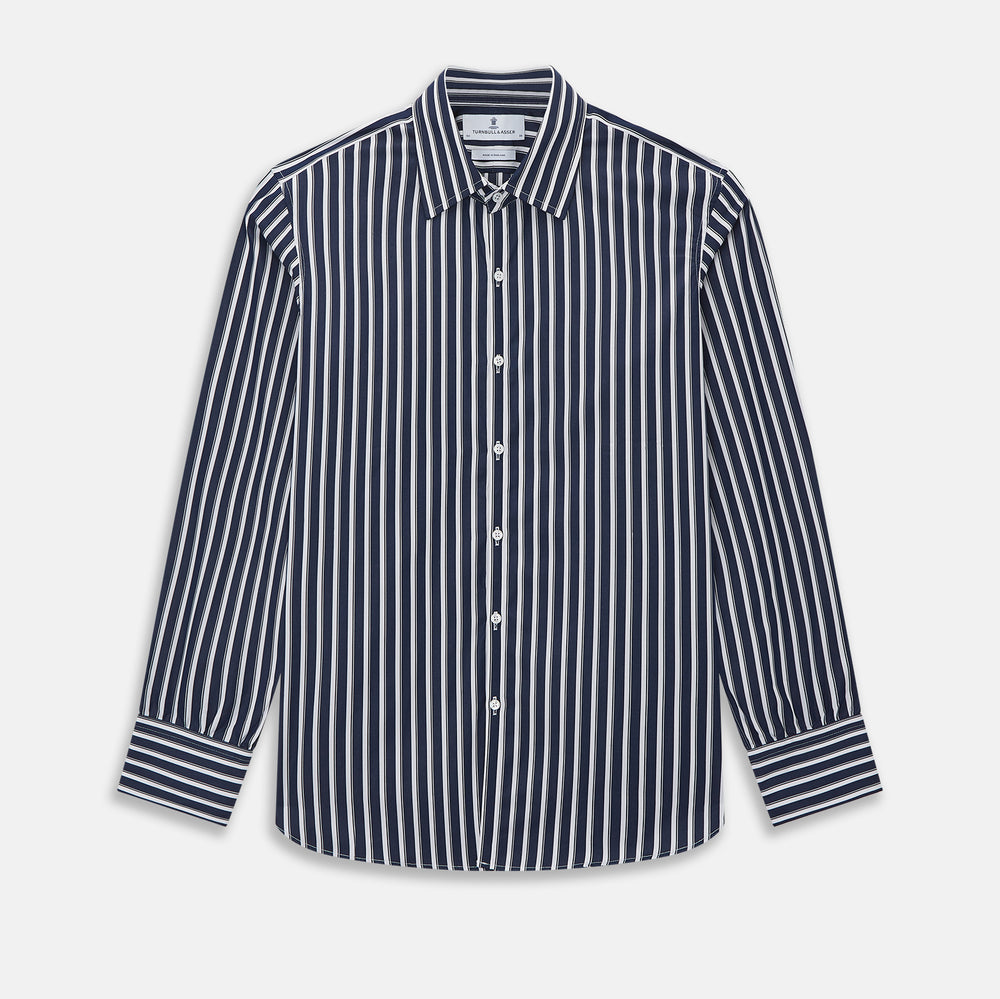 The Turnbull & Asser UK Striped Navy on White Westminster Regular Fit Shirt in Cotton features vertical navy stripes against a white background, with a classic button-up design, long sleeves, and a collar, laid flat on a white surface.