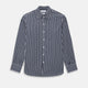 The Turnbull & Asser UK Striped Navy on White Westminster Regular Fit Shirt in Cotton features vertical navy stripes against a white background, with a classic button-up design, long sleeves, and a collar, laid flat on a white surface.