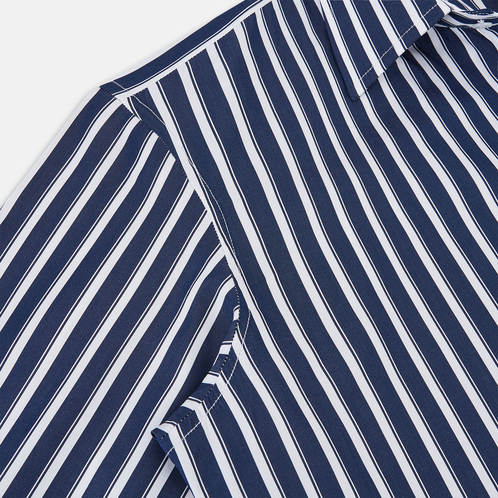 The Turnbull & Asser UK Striped Navy on White Westminster Regular Fit Shirt in Cotton features vertical navy stripes against a white background, with a classic button-up design, long sleeves, and a collar, laid flat on a white surface.