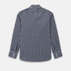 View 5 of product The Turnbull & Asser UK Striped Navy on White Westminster Regular Fit Shirt in Cotton features vertical navy stripes against a white background, with a classic button-up design, long sleeves, and a collar, laid flat on a white surface.
