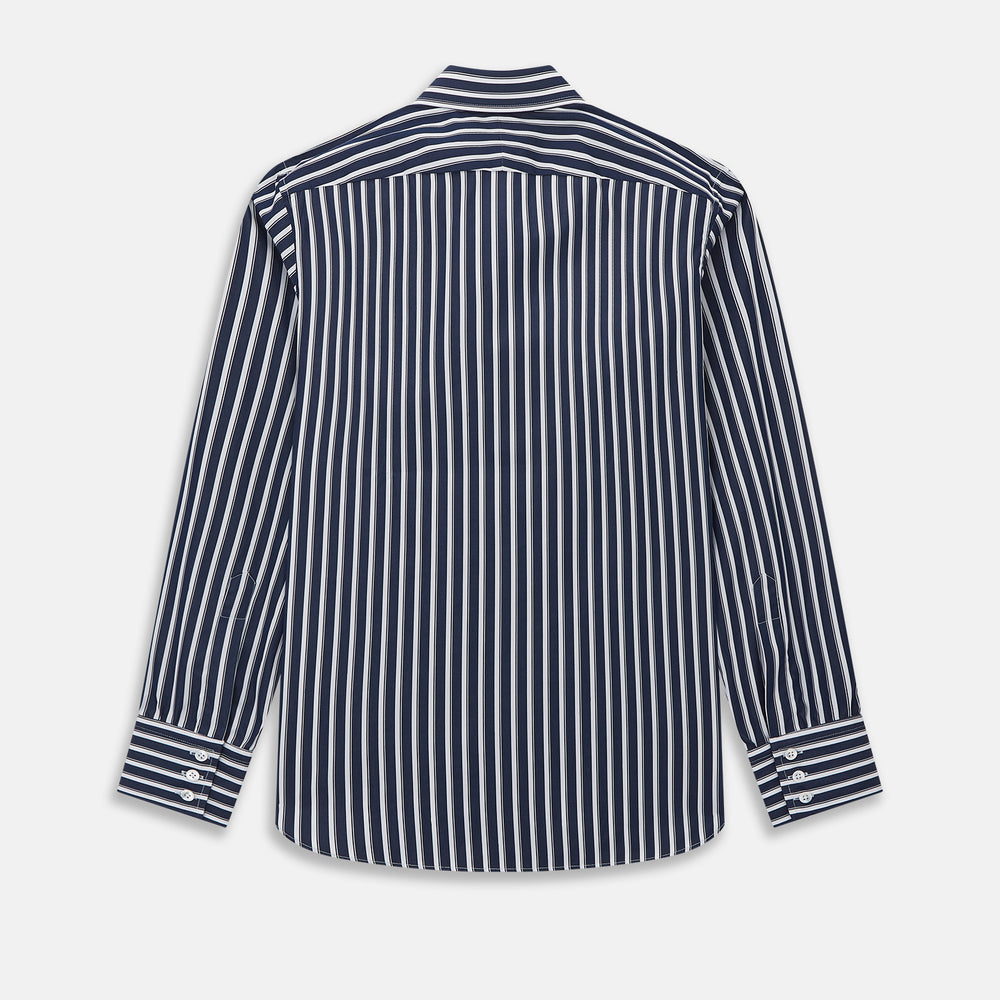The Turnbull & Asser UK Striped Navy on White Westminster Regular Fit Shirt in Cotton features vertical navy stripes against a white background, with a classic button-up design, long sleeves, and a collar, laid flat on a white surface.