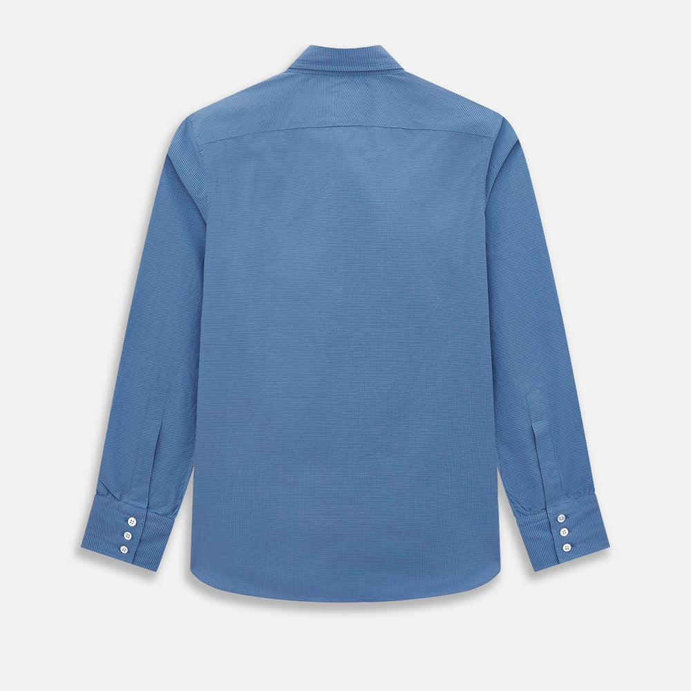 A Colony Blue Pin Check Windsor Shirt by Turnbull & Asser UK, featuring long sleeves, white buttons, a classic Turnbull collar, and buttoned cuffs—expertly crafted in Britain and displayed flat on a white background.