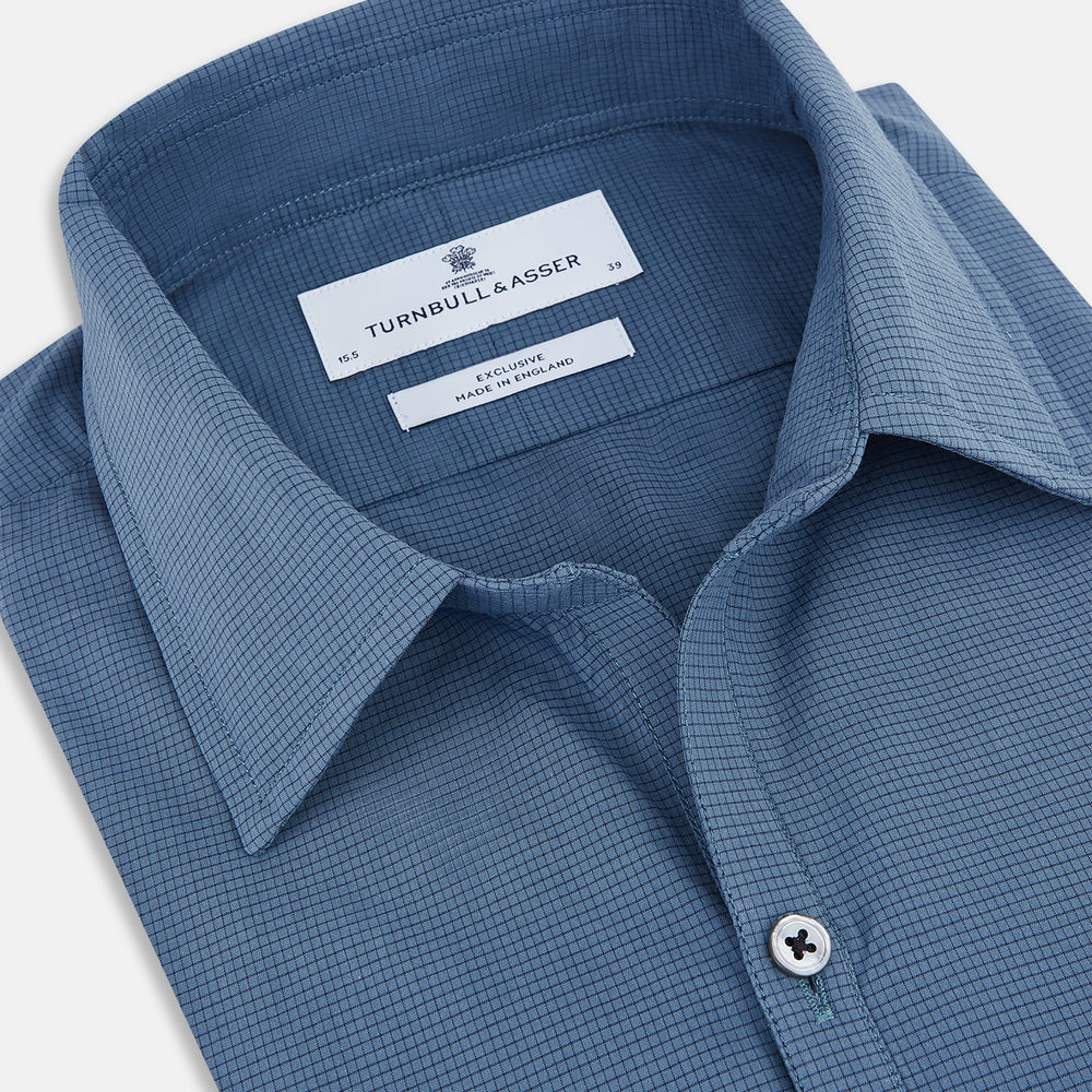 Steel Grey Pin Check Windsor Shirt in steel grey with a small grid pattern, a spread collar, and barrel cuffs.