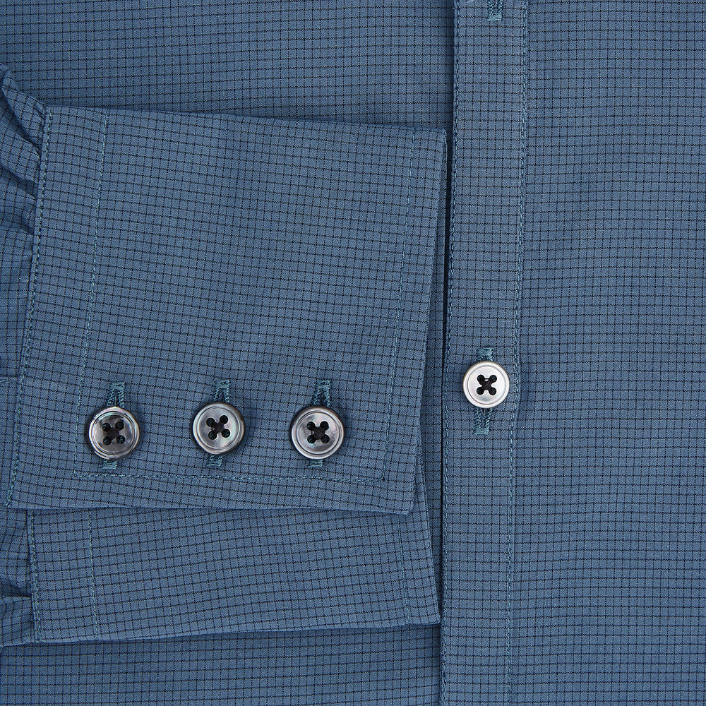 Steel Grey Pin Check Windsor Shirt in steel grey with a small grid pattern, a spread collar, and barrel cuffs.