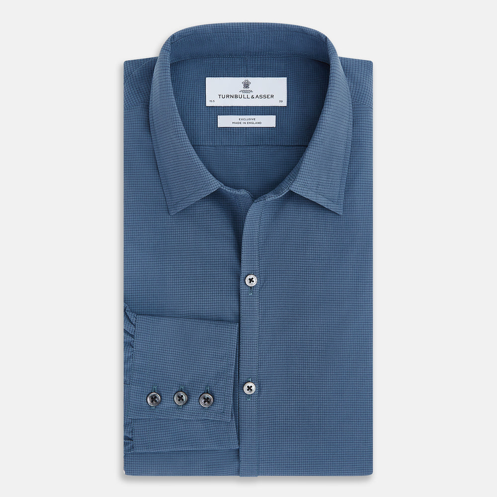 Steel Grey Pin Check Windsor Shirt in steel grey with a small grid pattern, a spread collar, and barrel cuffs.