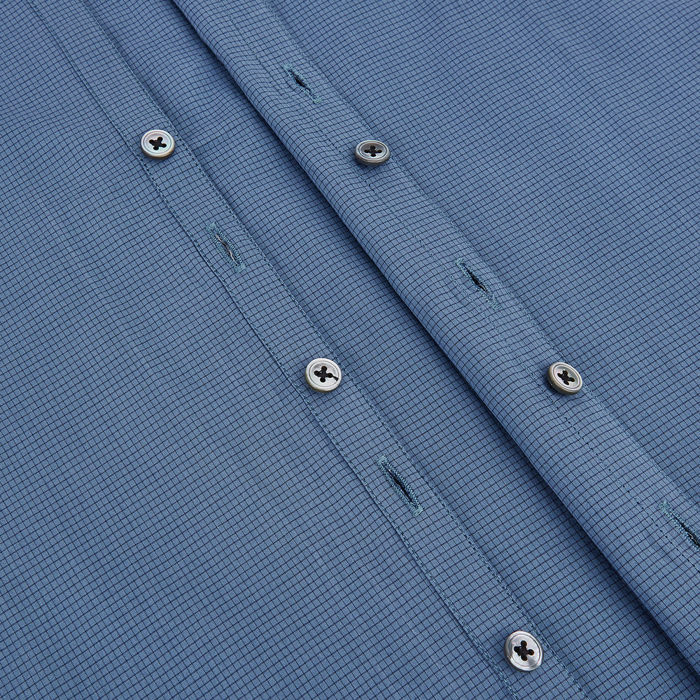 Steel Grey Pin Check Windsor Shirt in steel grey with a small grid pattern, a spread collar, and barrel cuffs.