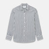 View 1 of product A long-sleeve men’s dress shirt by Turnbull & Asser UK—named SHIRTS RF WINDSOR OPEN CLR BC NAVY STRIPE ON WHTE—featuring classic Windsor open collar styling and navy vertical stripes on a white background, shown on a plain white surface.