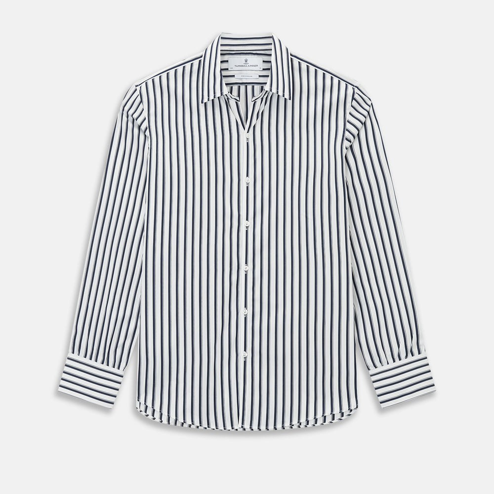 A long-sleeve men’s dress shirt by Turnbull & Asser UK—named SHIRTS RF WINDSOR OPEN CLR BC NAVY STRIPE ON WHTE—featuring classic Windsor open collar styling and navy vertical stripes on a white background, shown on a plain white surface.