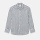 A long-sleeve men’s dress shirt by Turnbull & Asser UK—named SHIRTS RF WINDSOR OPEN CLR BC NAVY STRIPE ON WHTE—featuring classic Windsor open collar styling and navy vertical stripes on a white background, shown on a plain white surface.