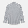 View 3 of product A long-sleeve men’s dress shirt by Turnbull & Asser UK—named SHIRTS RF WINDSOR OPEN CLR BC NAVY STRIPE ON WHTE—featuring classic Windsor open collar styling and navy vertical stripes on a white background, shown on a plain white surface.