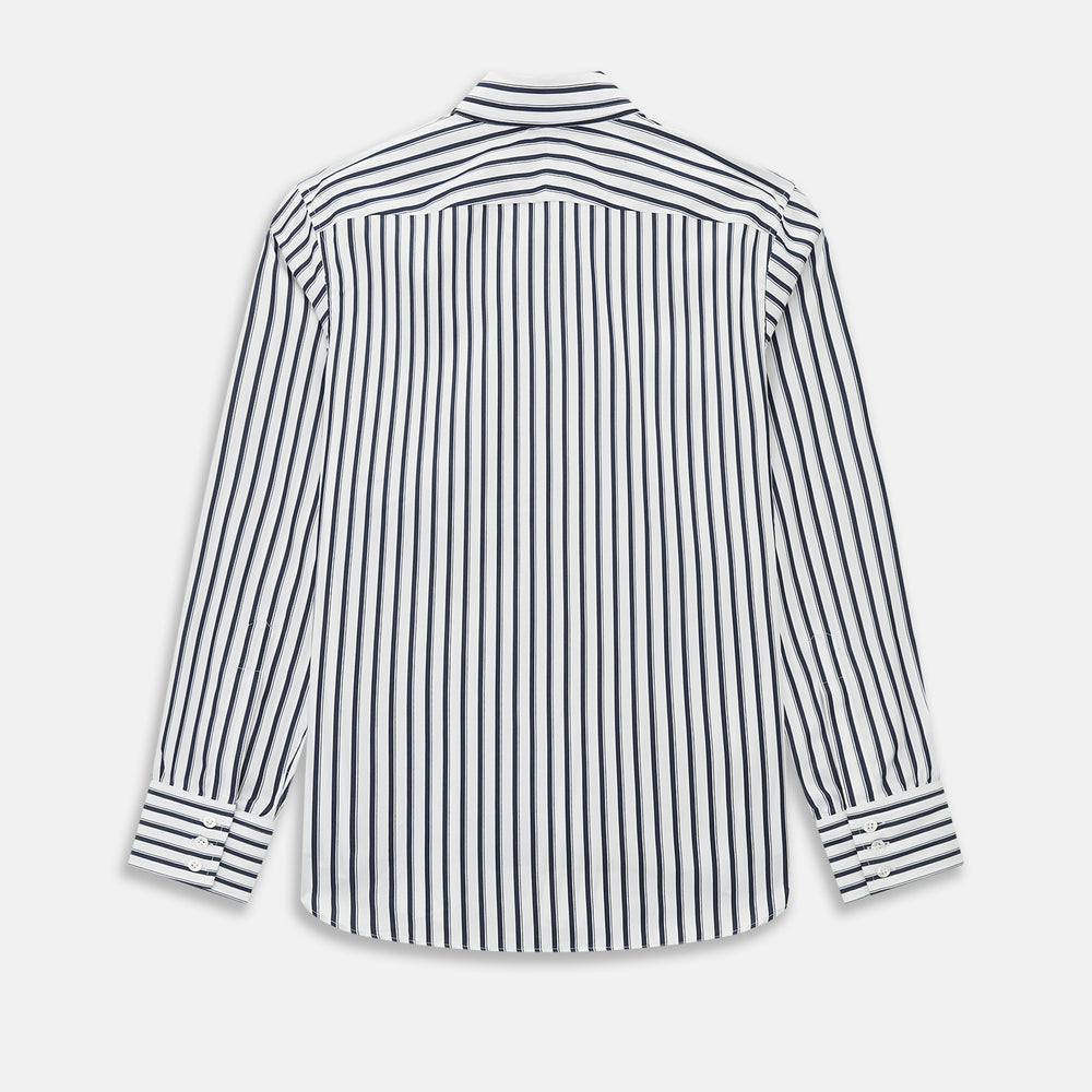 A long-sleeve men’s dress shirt by Turnbull & Asser UK—named SHIRTS RF WINDSOR OPEN CLR BC NAVY STRIPE ON WHTE—featuring classic Windsor open collar styling and navy vertical stripes on a white background, shown on a plain white surface.