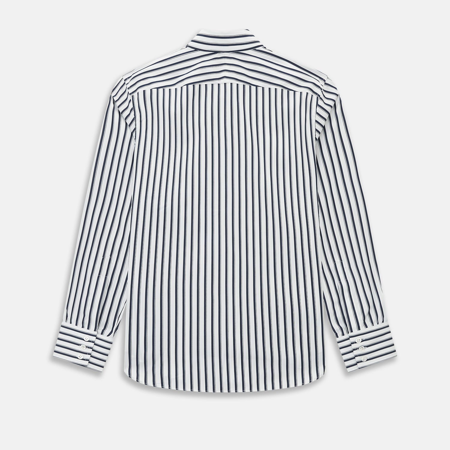 View 3 of product A long-sleeve men’s dress shirt by Turnbull & Asser UK—named SHIRTS RF WINDSOR OPEN CLR BC NAVY STRIPE ON WHTE—featuring classic Windsor open collar styling and navy vertical stripes on a white background, shown on a plain white surface.