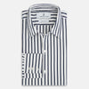 View 5 of product A long-sleeve men’s dress shirt by Turnbull & Asser UK—named SHIRTS RF WINDSOR OPEN CLR BC NAVY STRIPE ON WHTE—featuring classic Windsor open collar styling and navy vertical stripes on a white background, shown on a plain white surface.