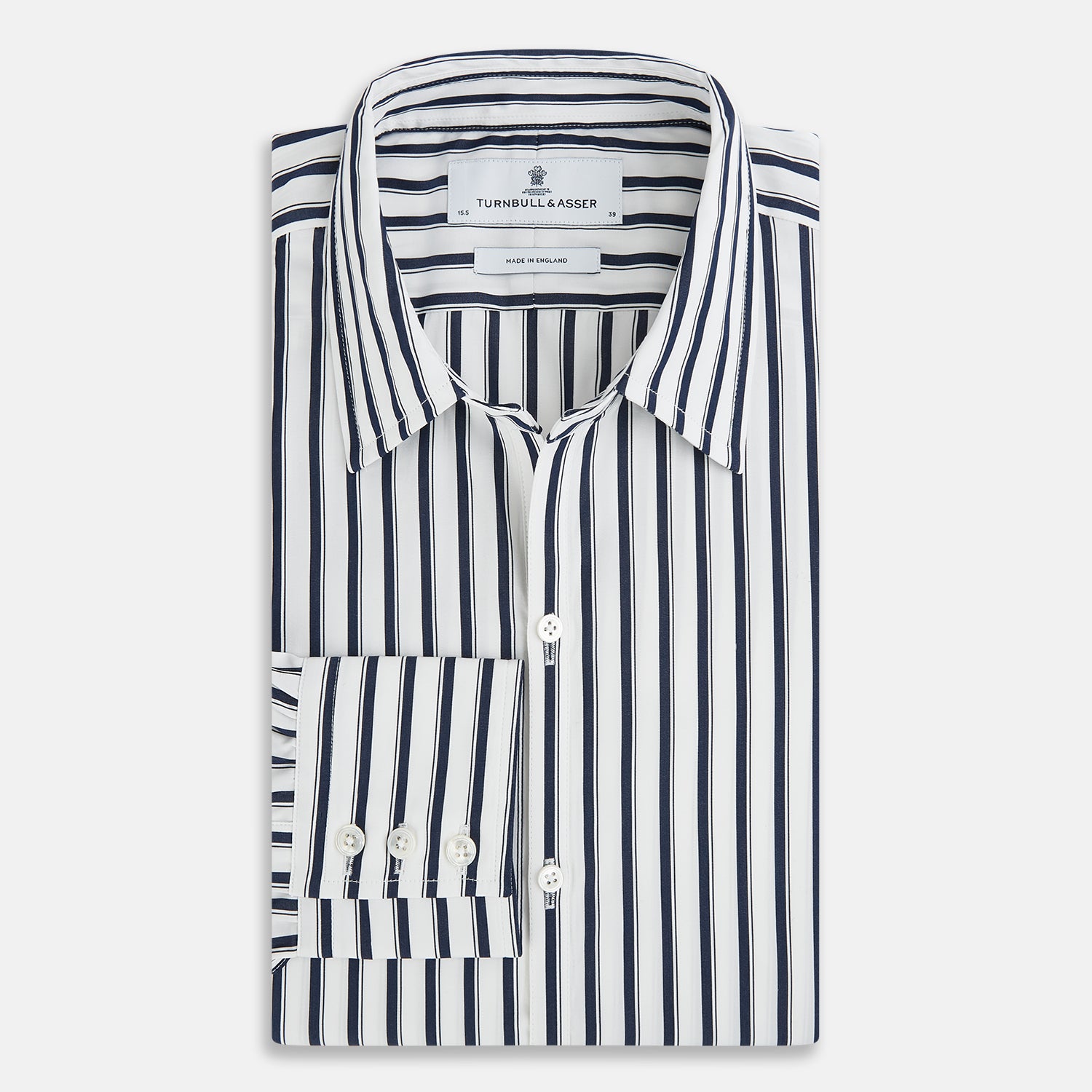 View 5 of product A long-sleeve men’s dress shirt by Turnbull & Asser UK—named SHIRTS RF WINDSOR OPEN CLR BC NAVY STRIPE ON WHTE—featuring classic Windsor open collar styling and navy vertical stripes on a white background, shown on a plain white surface.
