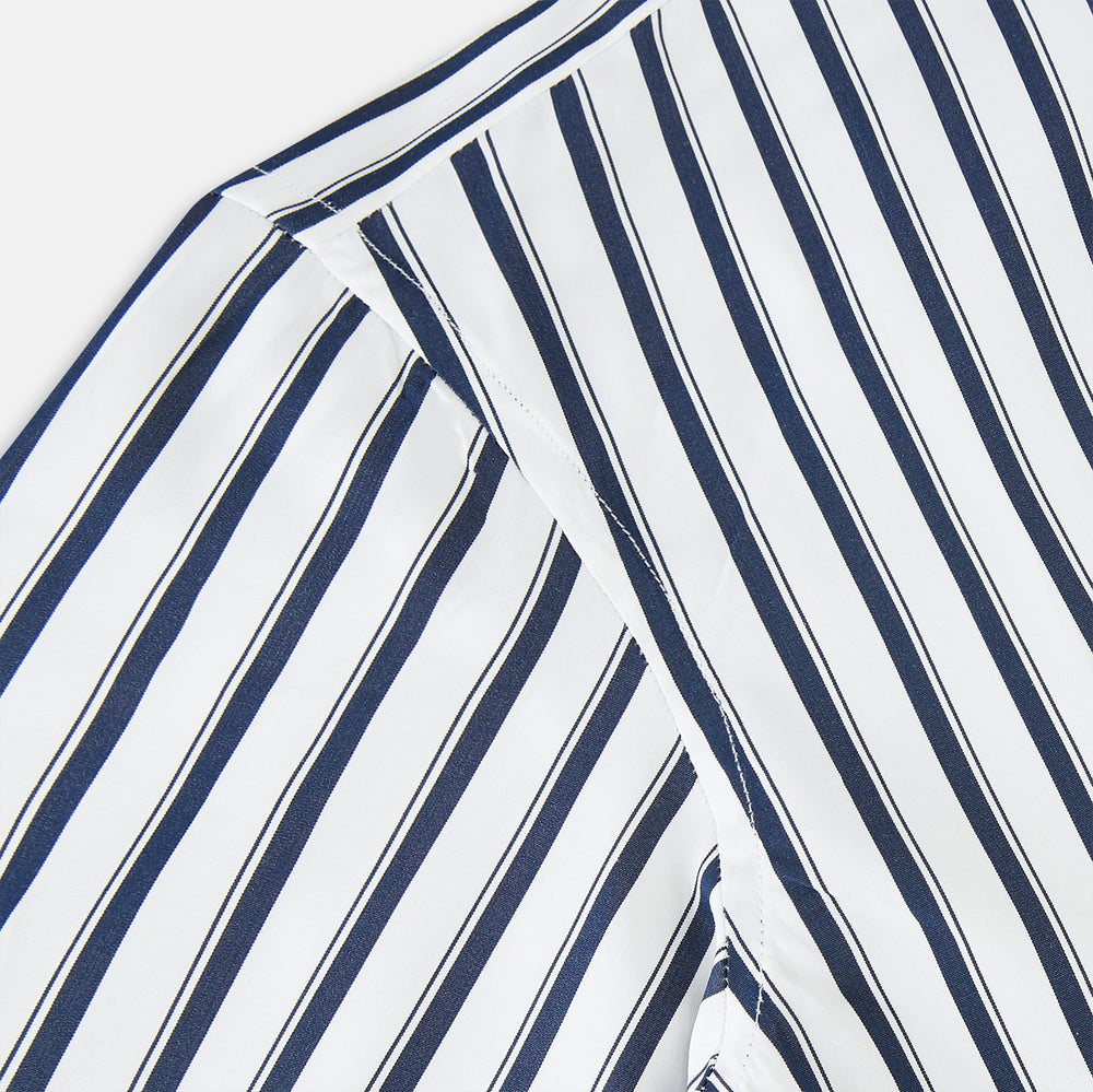 A long-sleeve men’s dress shirt by Turnbull & Asser UK—named SHIRTS RF WINDSOR OPEN CLR BC NAVY STRIPE ON WHTE—featuring classic Windsor open collar styling and navy vertical stripes on a white background, shown on a plain white surface.