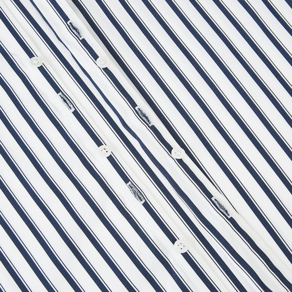 A long-sleeve men’s dress shirt by Turnbull & Asser UK—named SHIRTS RF WINDSOR OPEN CLR BC NAVY STRIPE ON WHTE—featuring classic Windsor open collar styling and navy vertical stripes on a white background, shown on a plain white surface.
