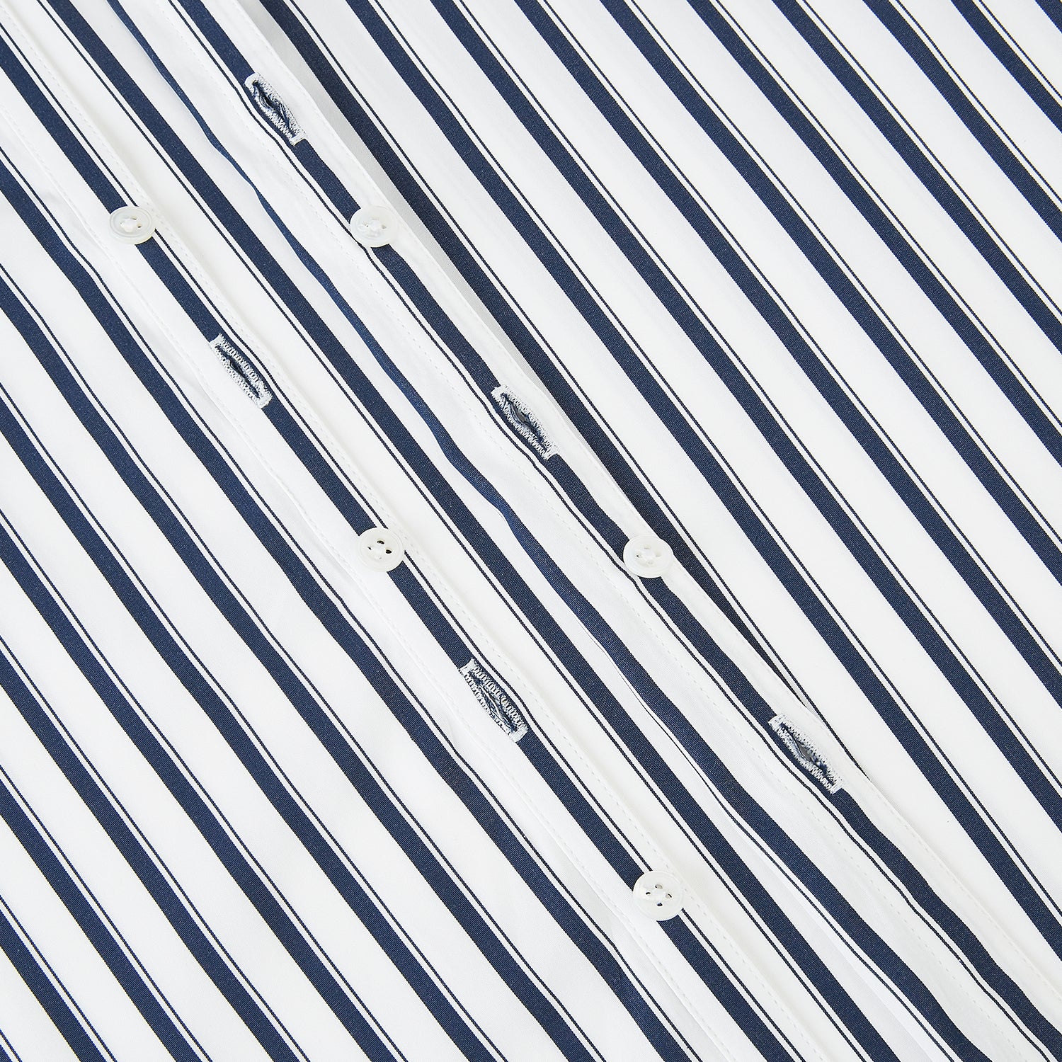 View 7 of product A long-sleeve men’s dress shirt by Turnbull & Asser UK—named SHIRTS RF WINDSOR OPEN CLR BC NAVY STRIPE ON WHTE—featuring classic Windsor open collar styling and navy vertical stripes on a white background, shown on a plain white surface.
