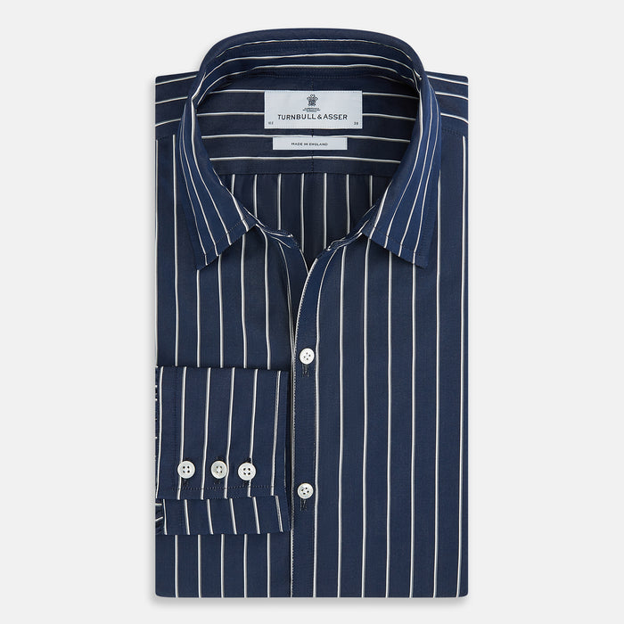 Windsor Double Striped White on Navy Regular Fit Shirt in Cotton Image 3
