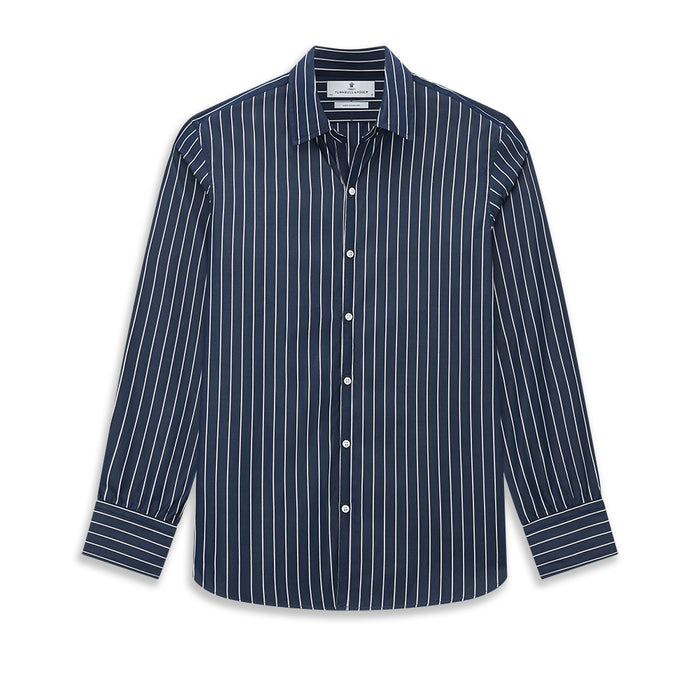 Windsor Double Striped White on Navy Regular Fit Shirt in Cotton Image 8