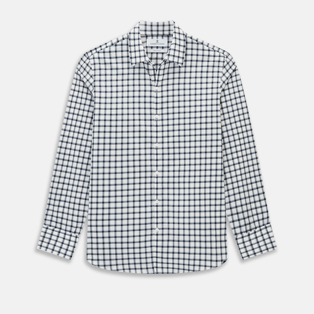 A Chequered Navy on White Windsor Regular Fit Shirt in Cotton by Turnbull & Asser UK, featuring long sleeves, a classic collar, buttoned cuffs, and a navy and white windowpane check pattern, displayed on a white background.