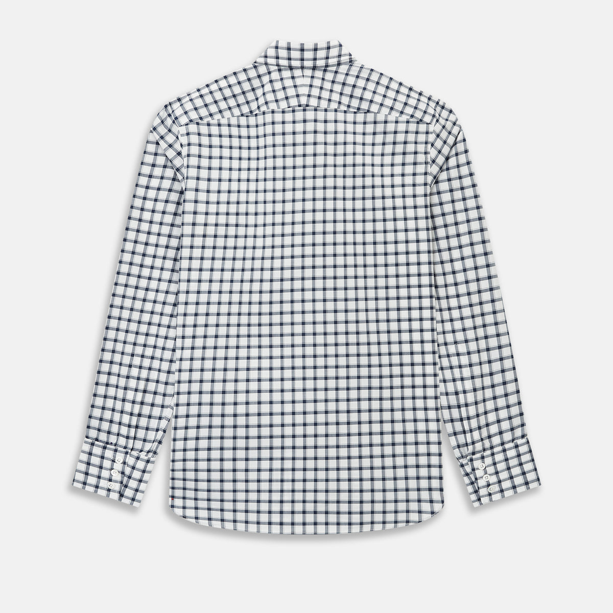 View 8 of product A Chequered Navy on White Windsor Regular Fit Shirt in Cotton by Turnbull & Asser UK, featuring long sleeves, a classic collar, buttoned cuffs, and a navy and white windowpane check pattern, displayed on a white background.