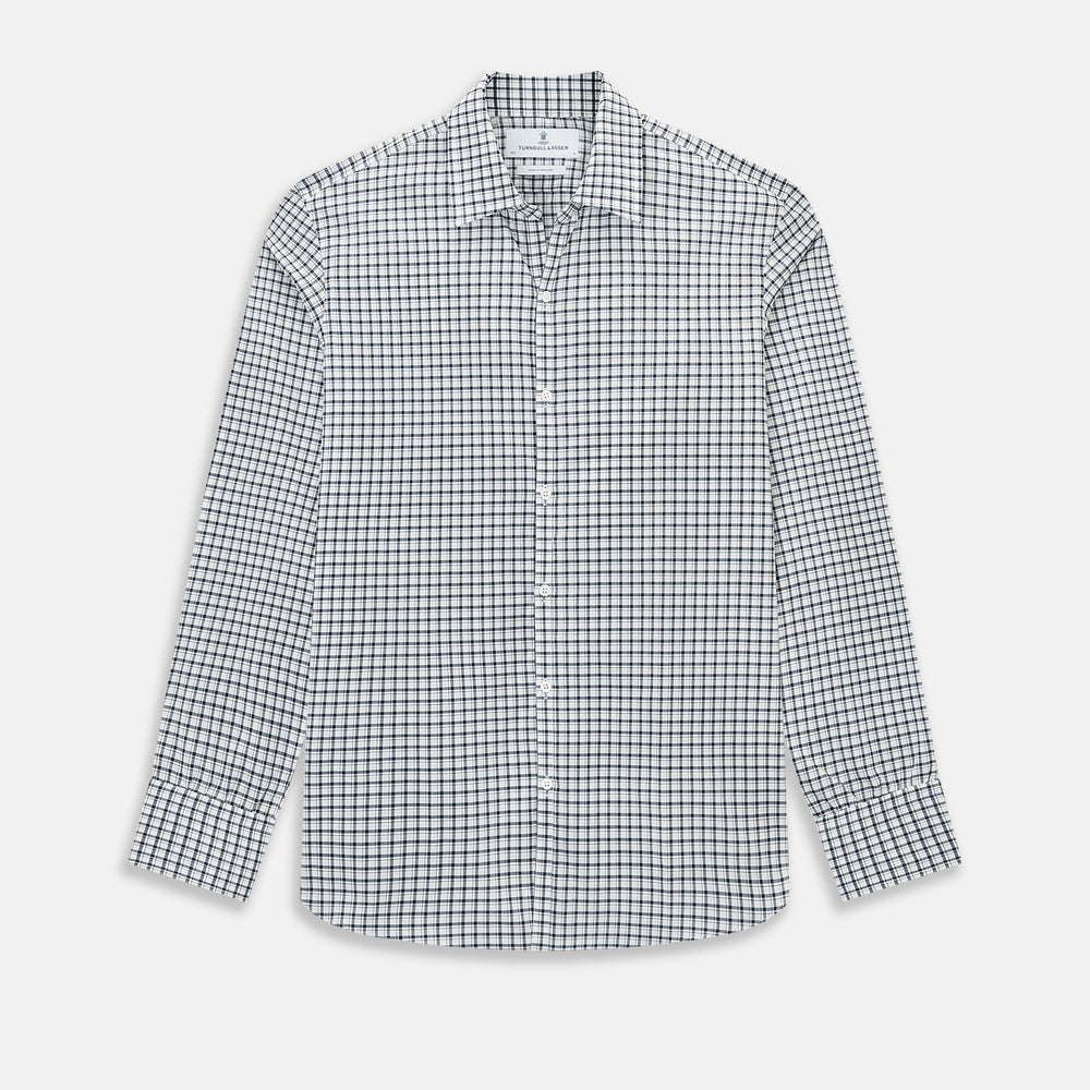 The Chequered Navy on White Windsor Regular Fit Shirt in Cotton by Turnbull & Asser UK features a Windsor collar and long sleeves, showcasing a crisp white background with a navy grid check pattern, displayed on a plain white surface.