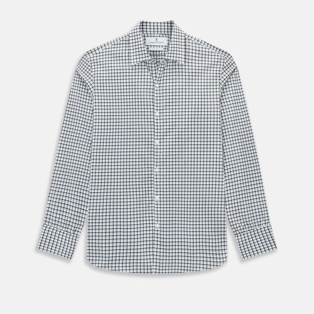 View 1 of product The Chequered Navy on White Windsor Regular Fit Shirt in Cotton by Turnbull & Asser UK features a Windsor collar and long sleeves, showcasing a crisp white background with a navy grid check pattern, displayed on a plain white surface.