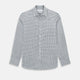 The Chequered Navy on White Windsor Regular Fit Shirt in Cotton by Turnbull & Asser UK features a Windsor collar and long sleeves, showcasing a crisp white background with a navy grid check pattern, displayed on a plain white surface.