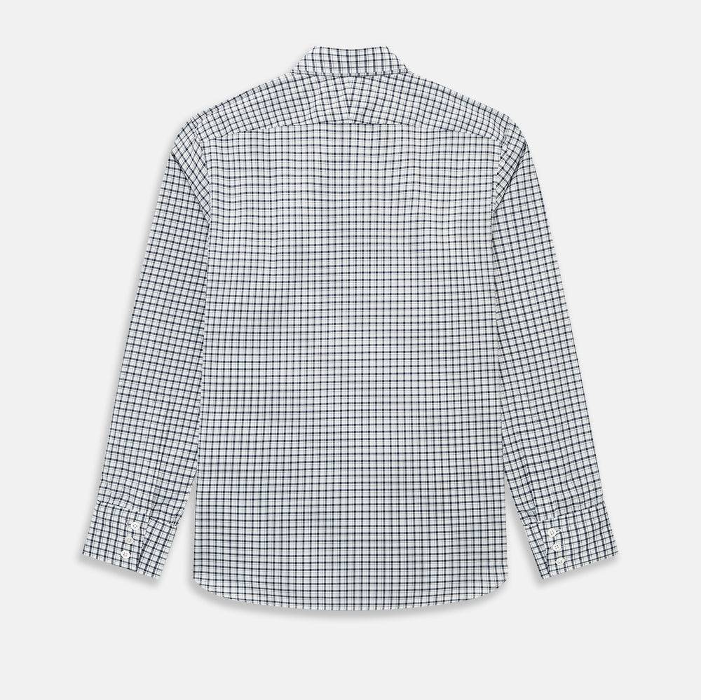 The Chequered Navy on White Windsor Regular Fit Shirt in Cotton by Turnbull & Asser UK features a Windsor collar and long sleeves, showcasing a crisp white background with a navy grid check pattern, displayed on a plain white surface.
