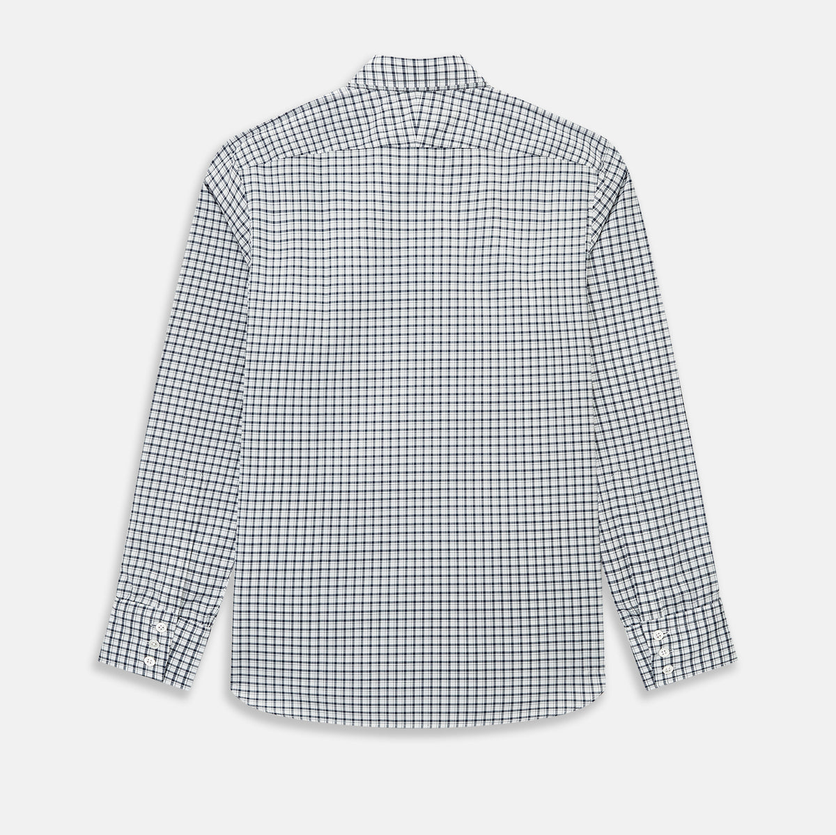 View 3 of product The Chequered Navy on White Windsor Regular Fit Shirt in Cotton by Turnbull & Asser UK features a Windsor collar and long sleeves, showcasing a crisp white background with a navy grid check pattern, displayed on a plain white surface.