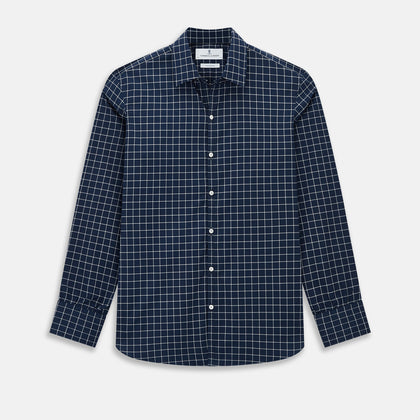 White check on navy Windsor Shirt with Open Collar and Button Cuffs