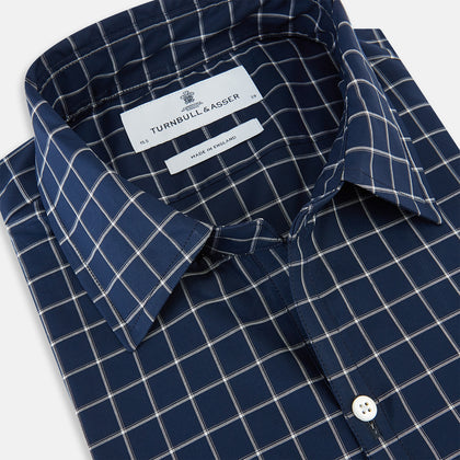 White check on navy Windsor Shirt with Open Collar and Button Cuffs Image 1