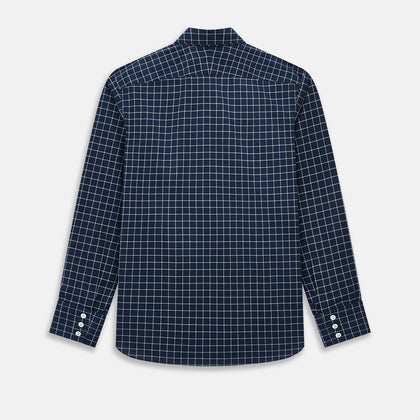 White check on navy Windsor Shirt with Open Collar and Button Cuffs Image 2