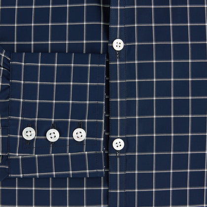 White check on navy Windsor Shirt with Open Collar and Button Cuffs Image 3