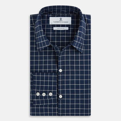 White check on navy Windsor Shirt with Open Collar and Button Cuffs Image 4