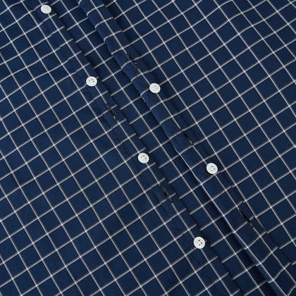 White check on navy Windsor Shirt with Open Collar and Button Cuffs Image 6