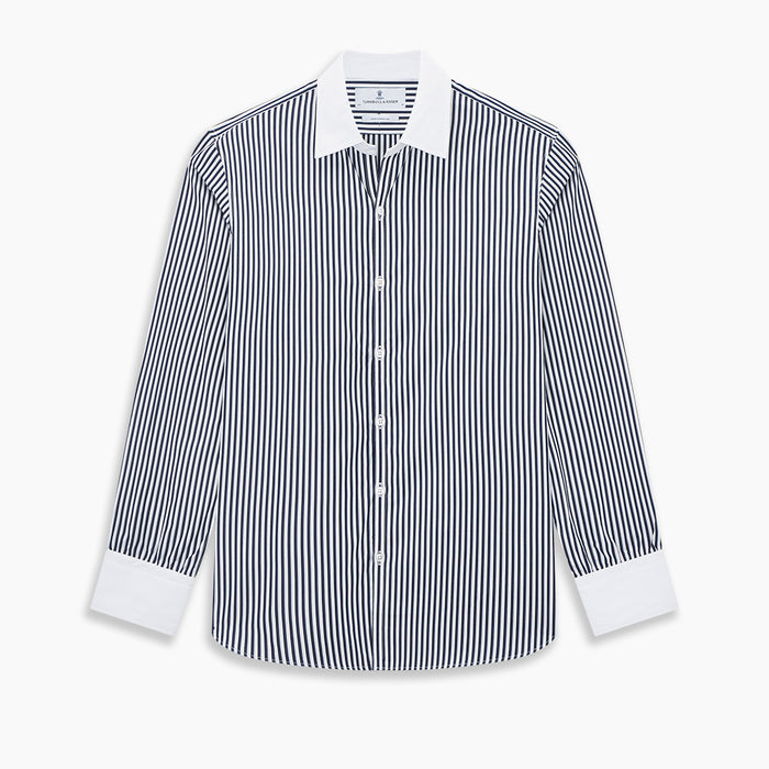 Windsor Double Stripe Navy Open Collar Regular Fit Shirt in Cotton Image 8