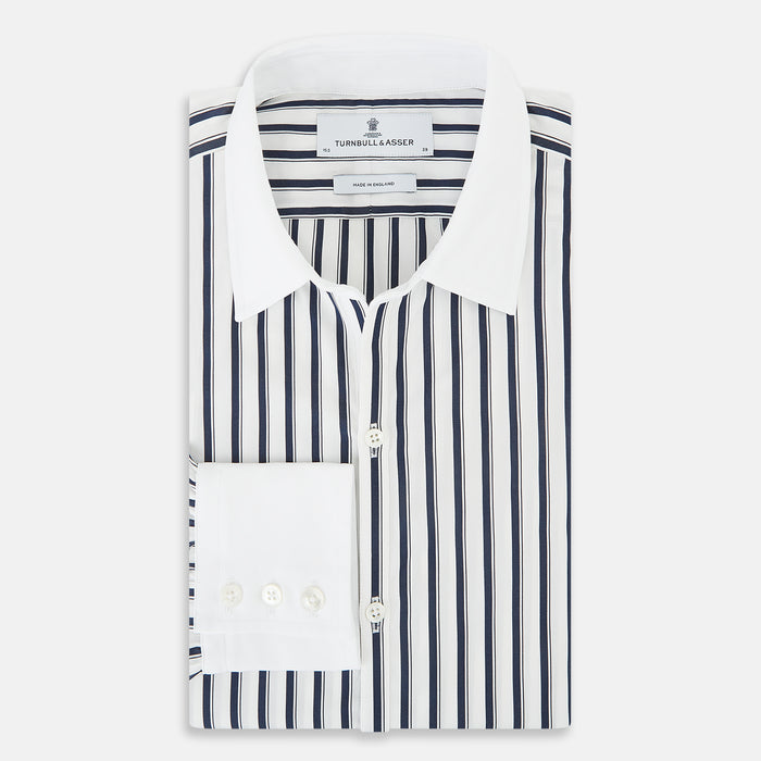 Windsor Shadow Stripe Navy Open Collar Regular Fit Shirt in Cotton Image 4