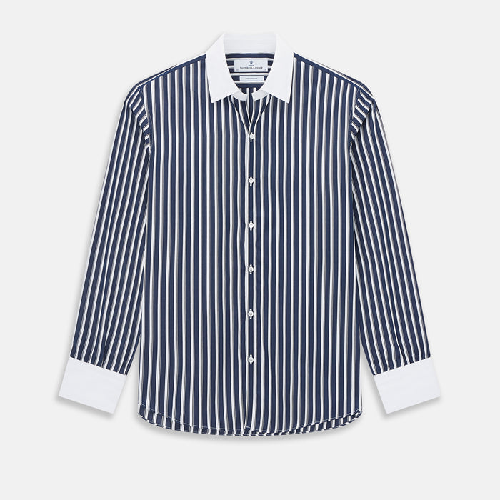 Windsor Reverse Stripe Navy Open Collar Regular Fit Shirt in Cotton