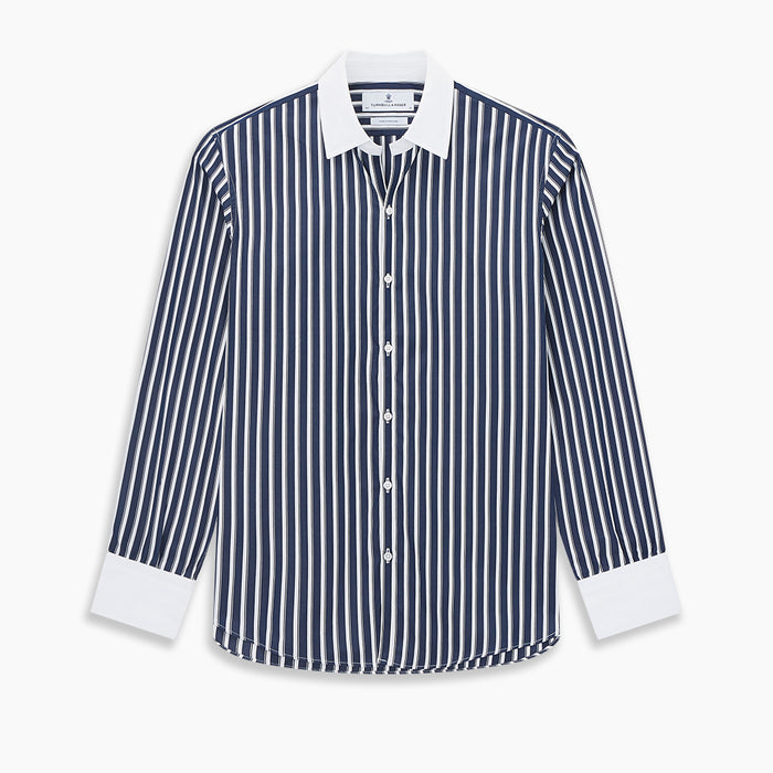 Windsor Reverse Stripe Navy Open Collar Regular Fit Shirt in Cotton Image 8