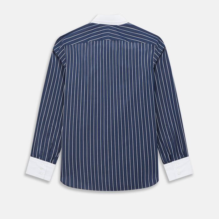 Windsor Bar Stripe Navy Open Collar Regular Fit Shirt in Cotton Image 2