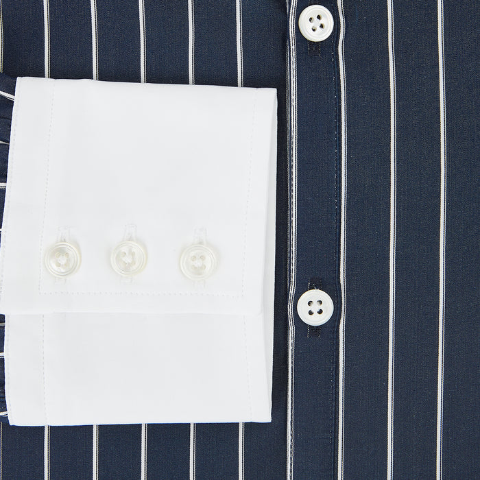 Windsor Bar Stripe Navy Open Collar Regular Fit Shirt in Cotton Image 3